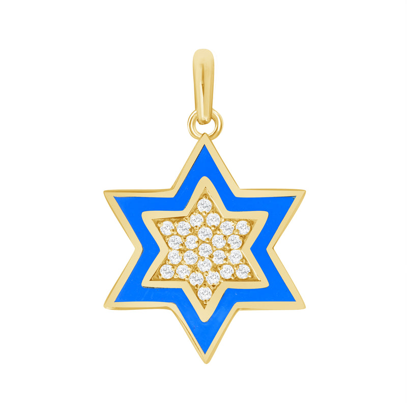Large Blue Enamel Star of David Pendant in Solid Gold