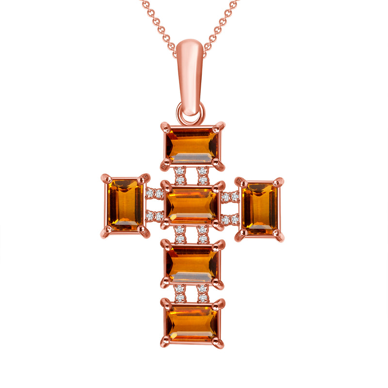 Emerald Cut Citrine and Diamond Cross Pendant Necklace in 14K Solid Gold