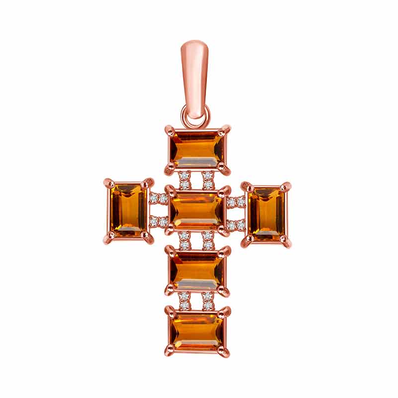 Emerald Cut Citrine and Diamond Cross Pendant Necklace in 14K Solid Gold