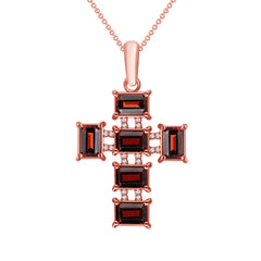 Emerald Cut Garnet and Diamond Cross Pendant Necklace in 14K Solid Gold