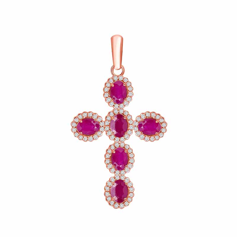 Oval Cut Gemstone and Diamond Cross Pendant Necklace in 14K Solid Gold