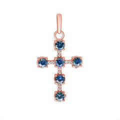 Genuine Blue Sapphire and Diamond Studded Cross Pendant Necklace in Solid Gold