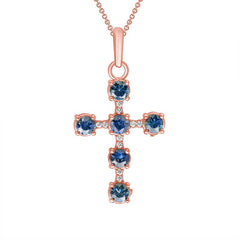 Blue Sapphire and CZ Studded Cross Pendant Necklace in Solid Gold