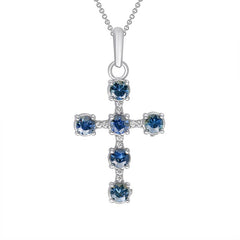 Genuine Blue Sapphire and Diamond Studded Cross Pendant Necklace in Solid Gold