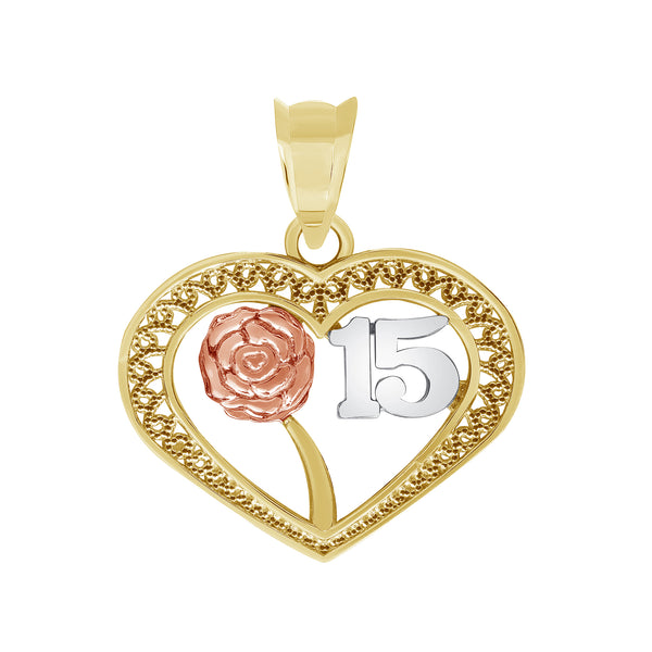 Two-Tone Rose Gold Mis 15 Años Quinceanera Flower Pendant Necklace