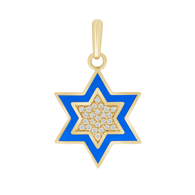 Blue Enamel Star of David Pendant in Solid Gold