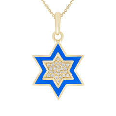 Small Blue Enamel Star of David Pendant in Solid Gold