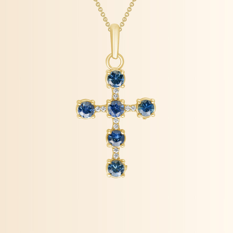 Genuine Blue Sapphire and Diamond Studded Cross Pendant Necklace in Solid Gold