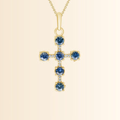 Genuine Blue Sapphire and Diamond Studded Cross Pendant Necklace in Solid Gold