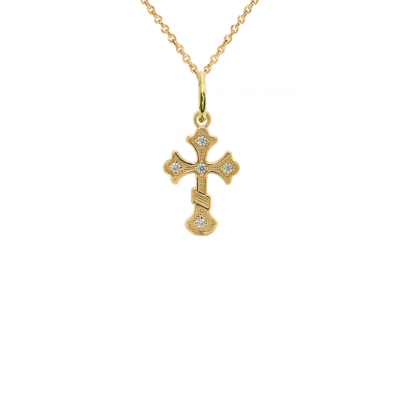 Dainty CZ Eastern Orthodox Cross Pendant Necklace in Solid Gold