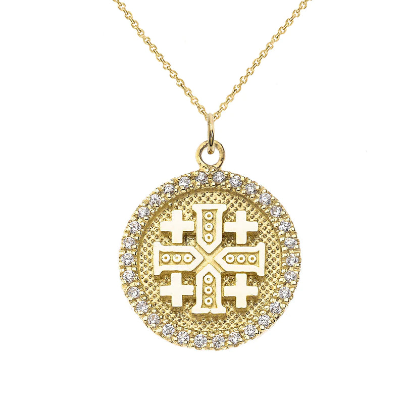 CZ Jerusalem Crusaders Cross Disc Pendant Necklace in Solid Gold