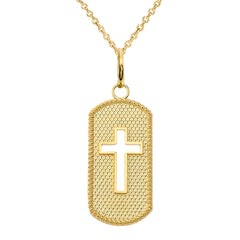 Cut Out Cross Dog Tag Pendant Necklace in Solid Gold