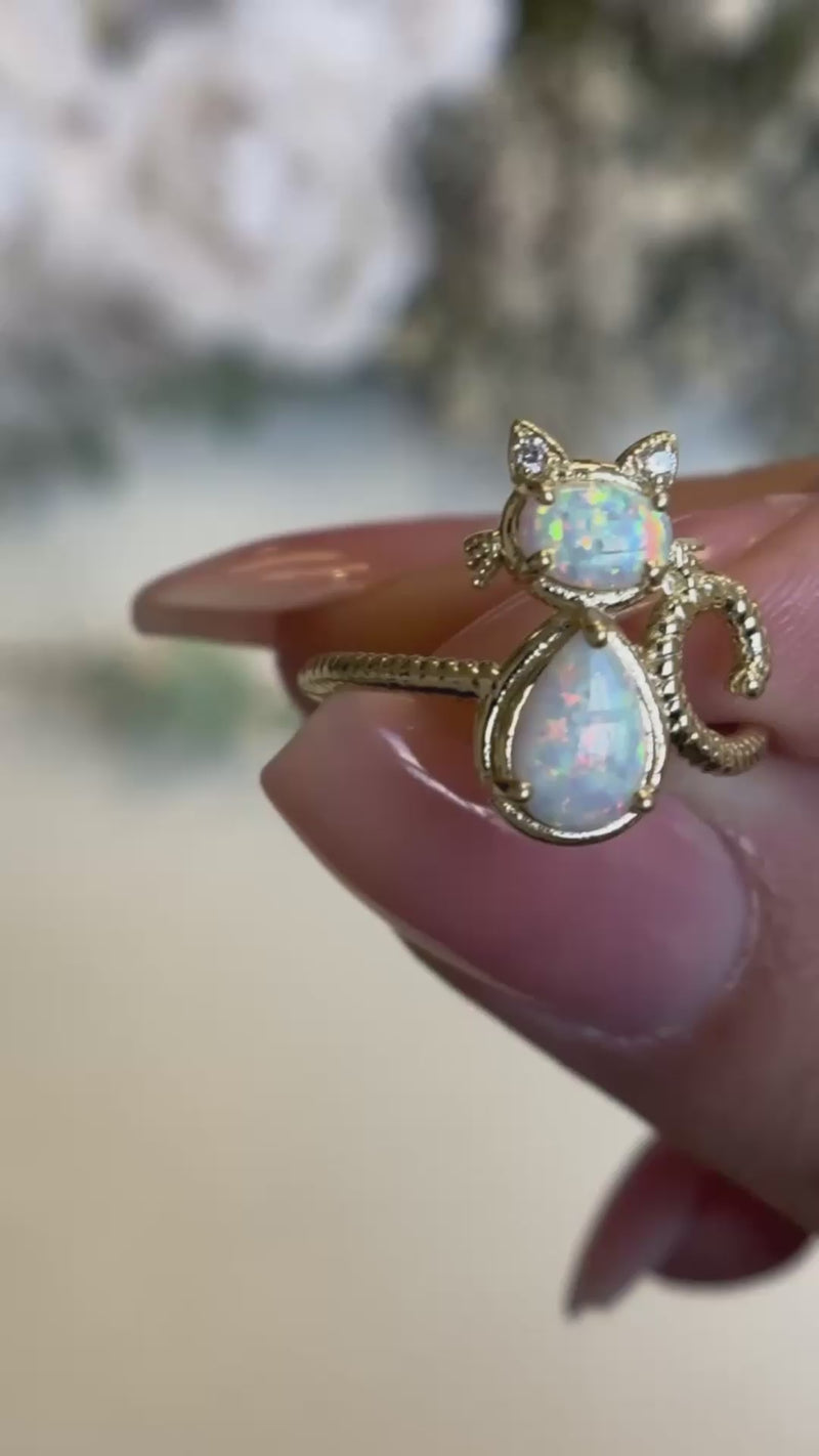 Dainty Opal and Diamond Cat Statement Rope Ring in Solid Gold