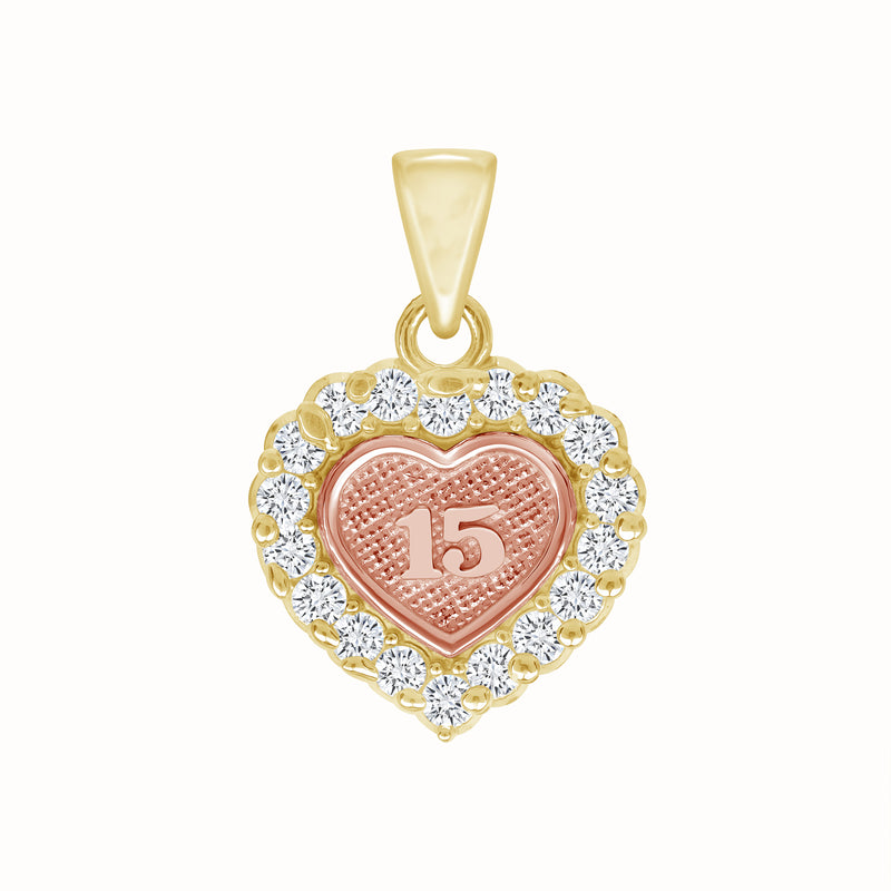 Gold Quince Años 15th Birthday Heart Pendant Necklace in Solid Gold