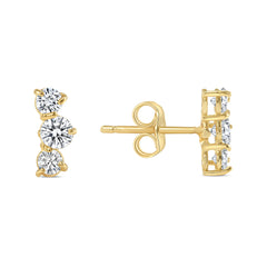 3 Stone Diamond Stud Earrings in Solid Gold