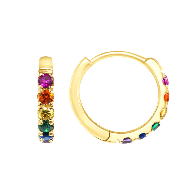 Dainty Mini Rainbow Colorful Hoop Huggie Earrings In Solid Gold