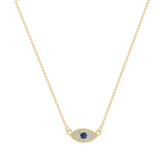 Dainty Diamond and Genuine Sapphire Evil Eye Necklace In Solid Gold