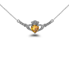 Claddagh Diamond & Genuine Citrine Heart Necklace in Solid Sterling Silver
