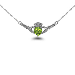 Claddagh Diamond & Genuine Peridot Heart Necklace in Solid Sterling Silver