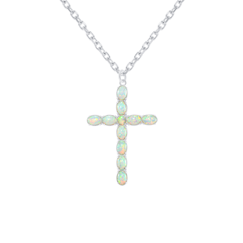 Simulated Opal Statement Cross Pendant Necklace in Sterling Silver