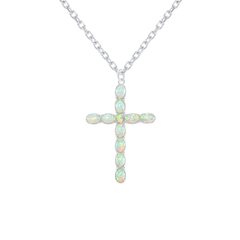 Simulated Opal Statement Cross Pendant Necklace in Sterling Silver