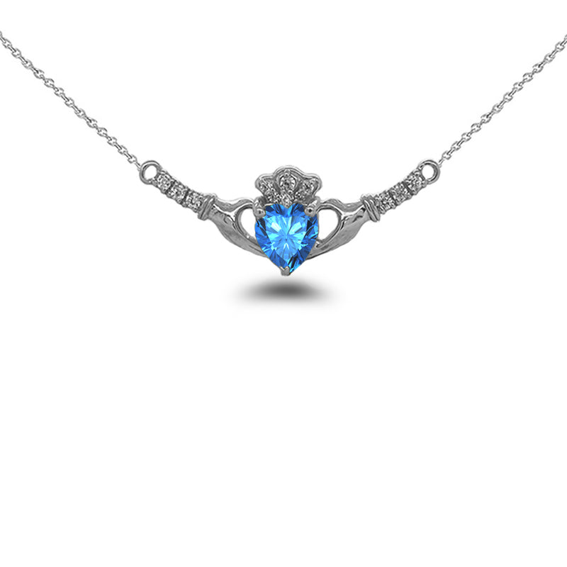 Claddagh Diamond & Genuine Blue Topaz Heart Necklace in Solid Sterling Silver