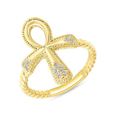 Ankh Cross Diamond Rope Ring in Solid Gold