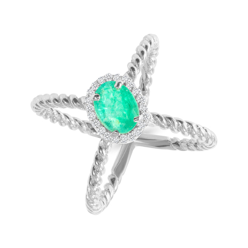 Genuine Emerald and Diamond Criss Cross Rope Statement Ring In Solid Gold