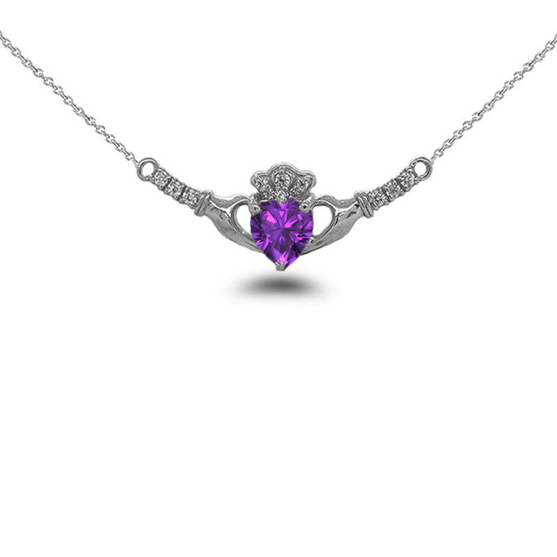Claddagh Diamond & Genuine Amethyst Heart Necklace in Solid Sterling Silver