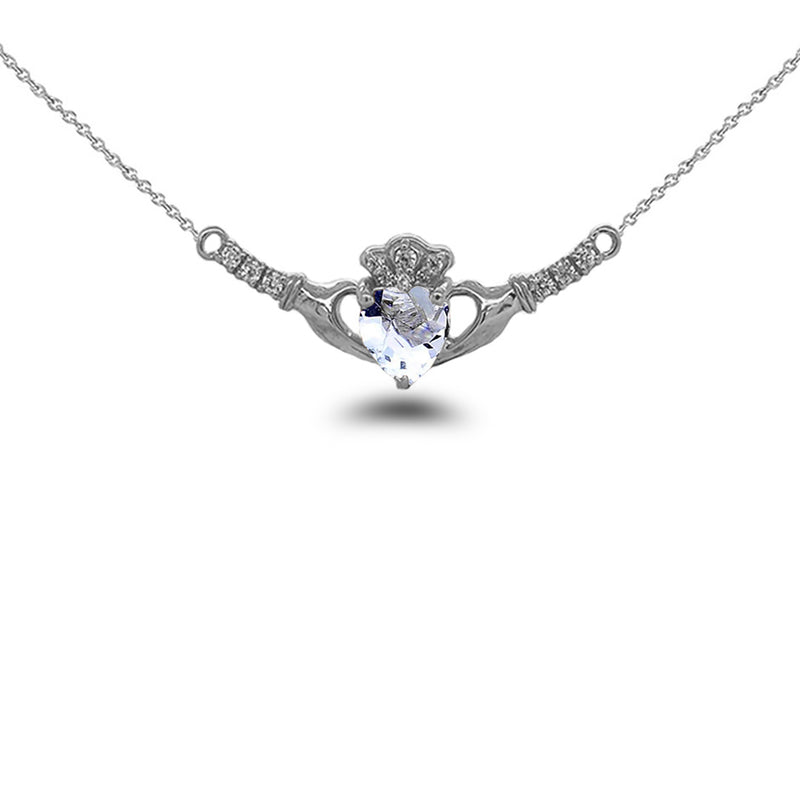 Claddagh Diamond & Genuine Aquamarine Heart Necklace in Solid Sterling Silver