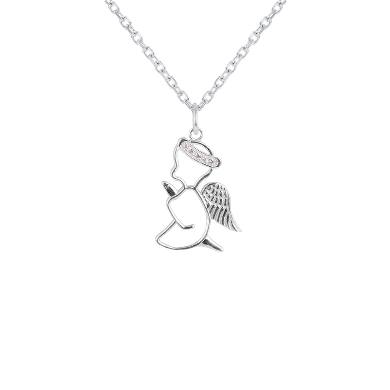 Diamond Praying Angel Outline Pendant Necklace in Sterling Silver Takar Jewelry