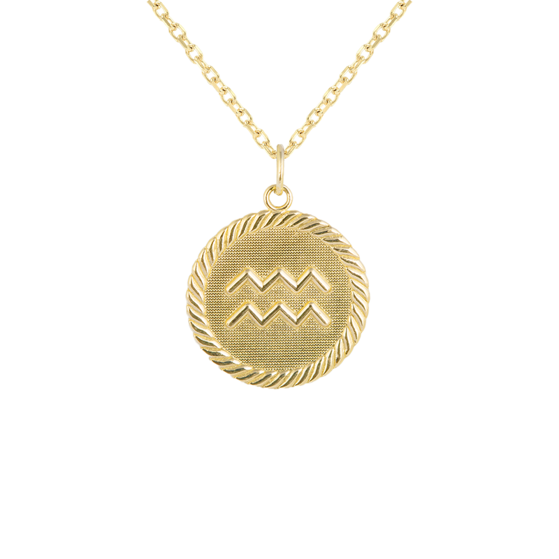 Reversible Aquarius Zodiac Sign Charm Coin Pendant Necklace in Solid Gold