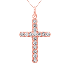 Cubic Zirconia Cross Pendant/Necklace In Solid Gold