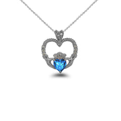 Claddagh Heart Diamond & Genuine Blue Topaz Rope Pendant/Necklace in Sterling Silver