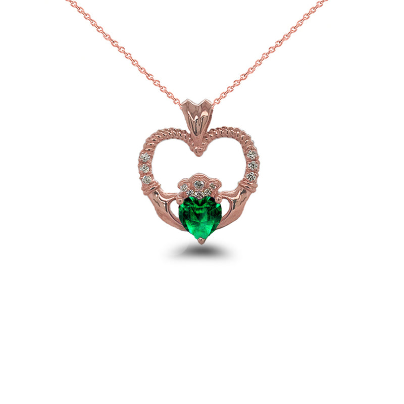 Claddagh Heart Diamond & May Birthstone Green CZ Rope Pendant/Necklace in Solid Gold