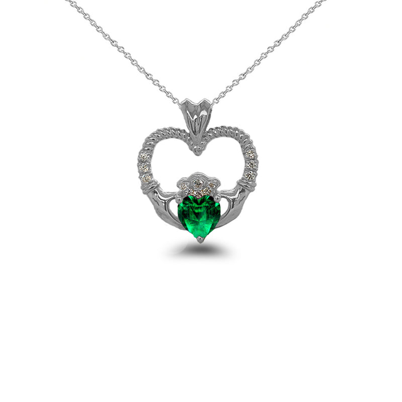 Claddagh Heart Diamond & May Birthstone Green CZ Rope Pendant/Necklace in Sterling Silver
