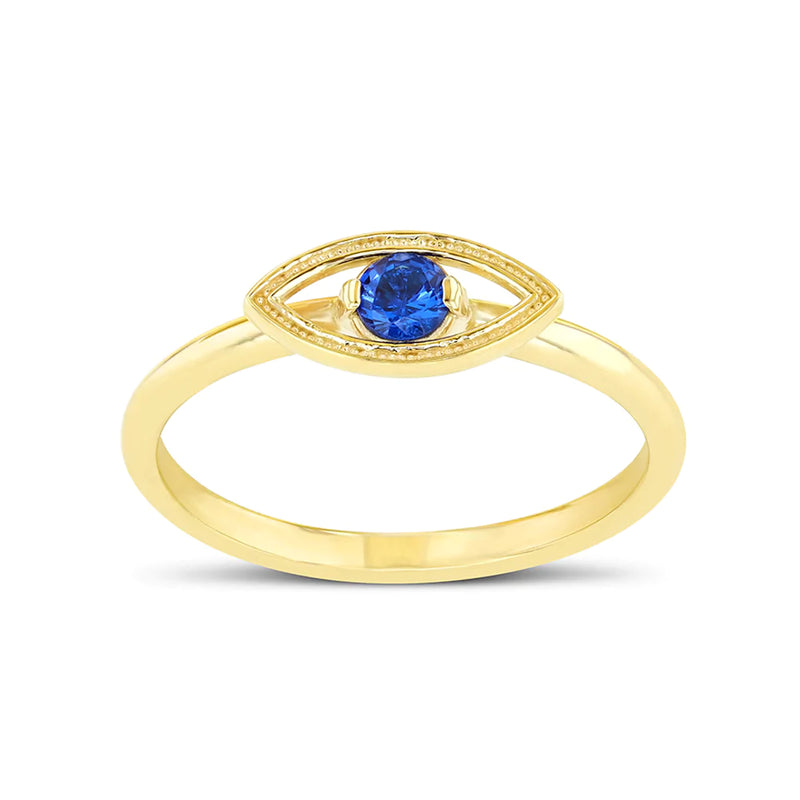 Dainty Blue CZ Evil Eye Ring in Solid Gold
