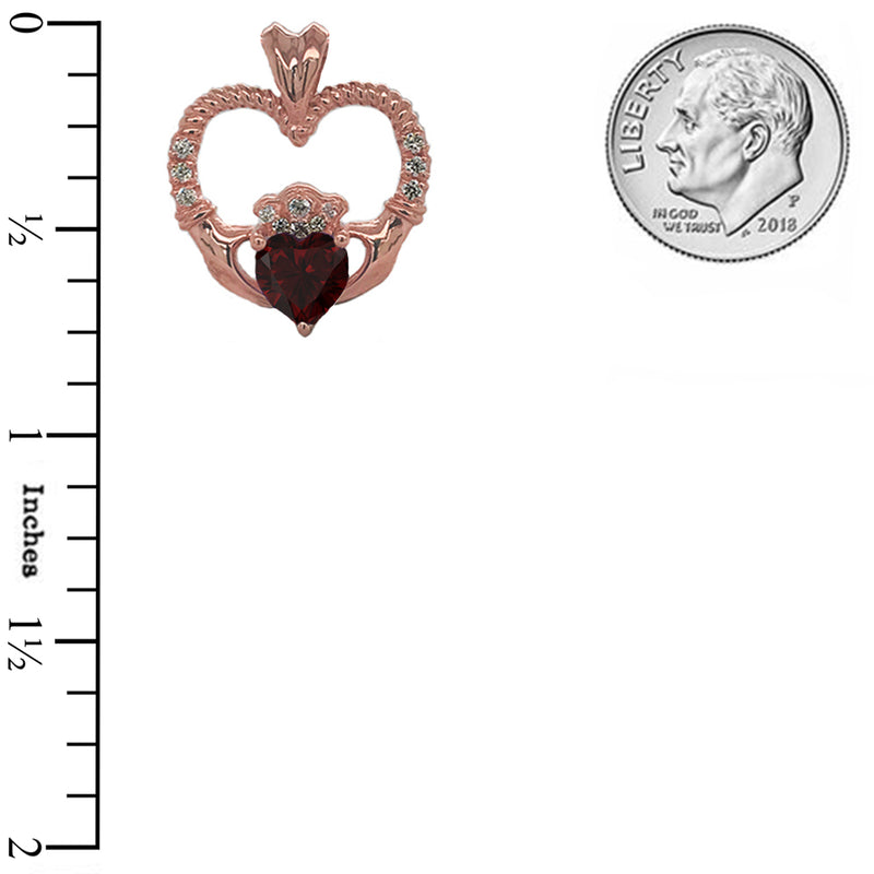 Claddagh Heart Diamond & Genuine Garnet Rope Pendant/Necklace in Sold Gold