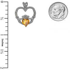 Claddagh Heart Diamond & Genuine Citrine Rope Pendant Necklace in Sterling Silver