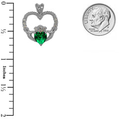 Claddagh Heart Diamond & May Birthstone Green CZ Rope Pendant/Necklace in Sterling Silver