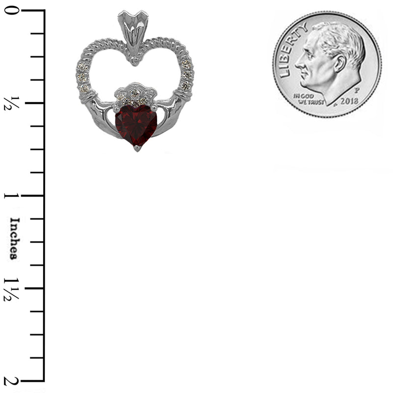 Claddagh Heart Diamond & Genuine Garnet Rope Pendant/Necklace in Sterling Silver