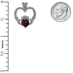 Claddagh Heart Diamond & Genuine Garnet Rope Pendant/Necklace in Sterling Silver