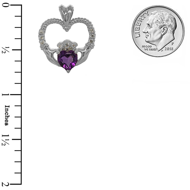 Claddagh Heart Diamond & June Birthstone Purple CZ Rope Pendant/Necklace in Solid Gold