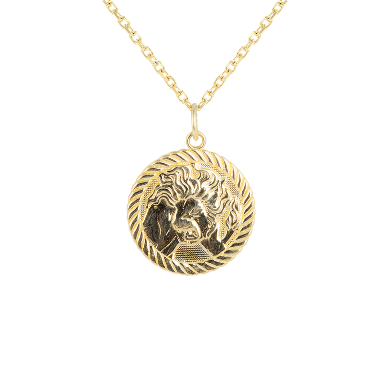 Reversible Leo Zodiac Sign Charm Coin Pendant Necklace in Solid Gold