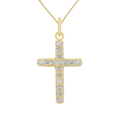 Cubic Zirconia Medium Cross Pendant/Necklace In Solid Gold