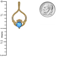 Claddagh Diamond & Blue Topaz Rope Design Pendant/Necklace in Solid Gold