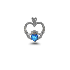 Claddagh Heart Diamond & Genuine Blue Topaz Rope Pendant/Necklace in Sterling Silver