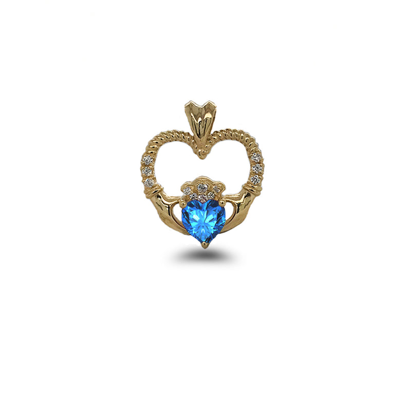 Claddagh Heart Diamond & Genuine Blue Topaz Rope Pendant/Necklace in Solid Gold