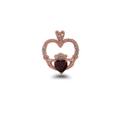 Claddagh Heart Diamond & Genuine Garnet Rope Pendant/Necklace in Sold Gold