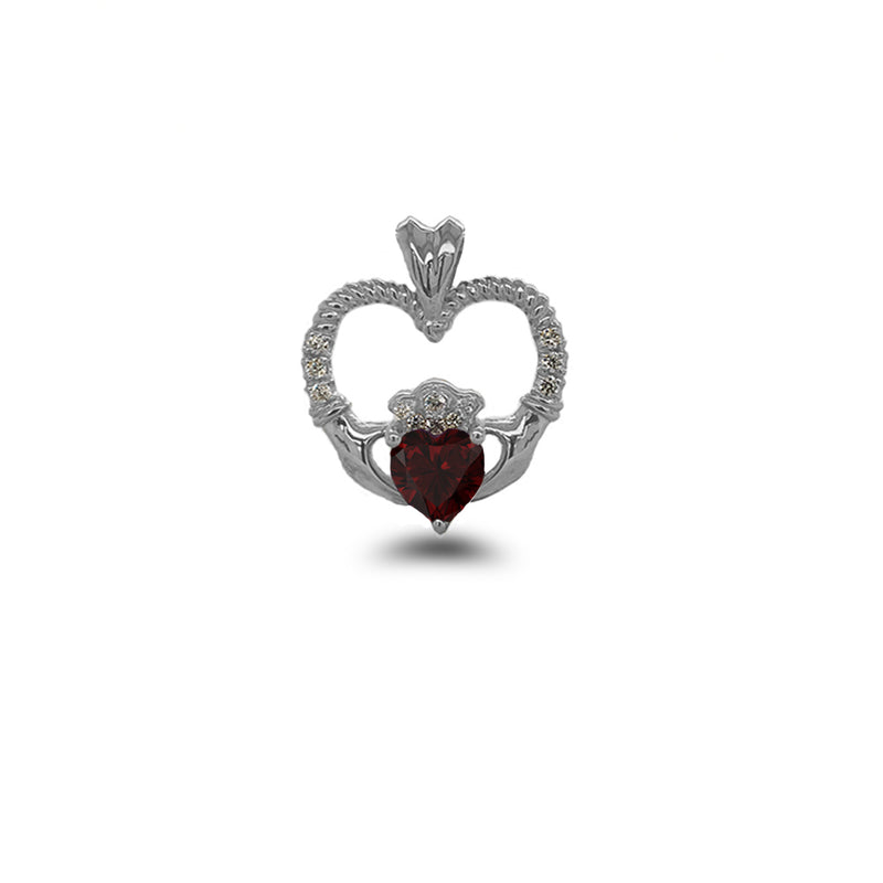 Claddagh Heart Diamond & Genuine Garnet Rope Pendant/Necklace in Sterling Silver